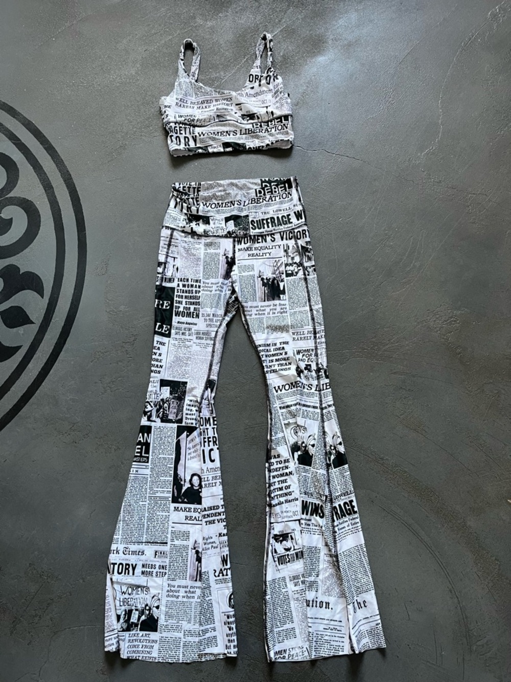 Women's Black & White Newspaper Print Two-Piece Set yoga set - Picture 2 of 6